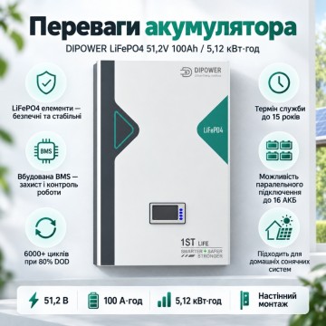11 кВт LiFePO4 Комплект резервного живлення з Wi-Fi інвертор Anenji 11 кВт + 51,2V/100Ah акумулятор Dipower для квартири, офісу