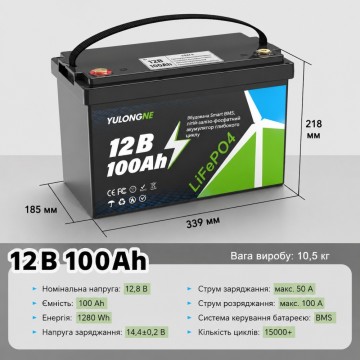 LiFePO4 12V 100Ah Акумулятор Yulongne 1280Wh, 100A, BMS