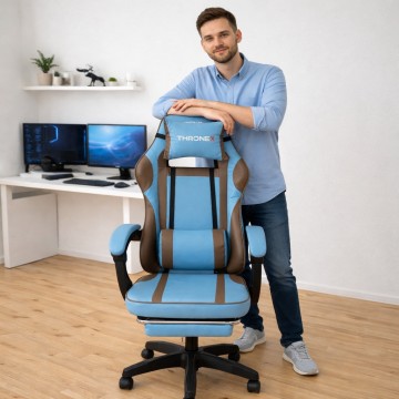 Дизайнерське геймерське крісло до 130 кг з масажною подушкою, підніжкою ThroneX блакитне з коричневим PVC 007