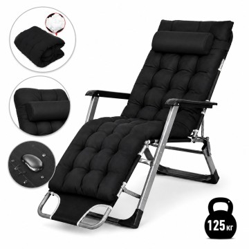 Садове пляжне крісло IdealGarden Premium з матрацом та подушкою, до 125 кг, чорний, шезлонг для саду та тераси